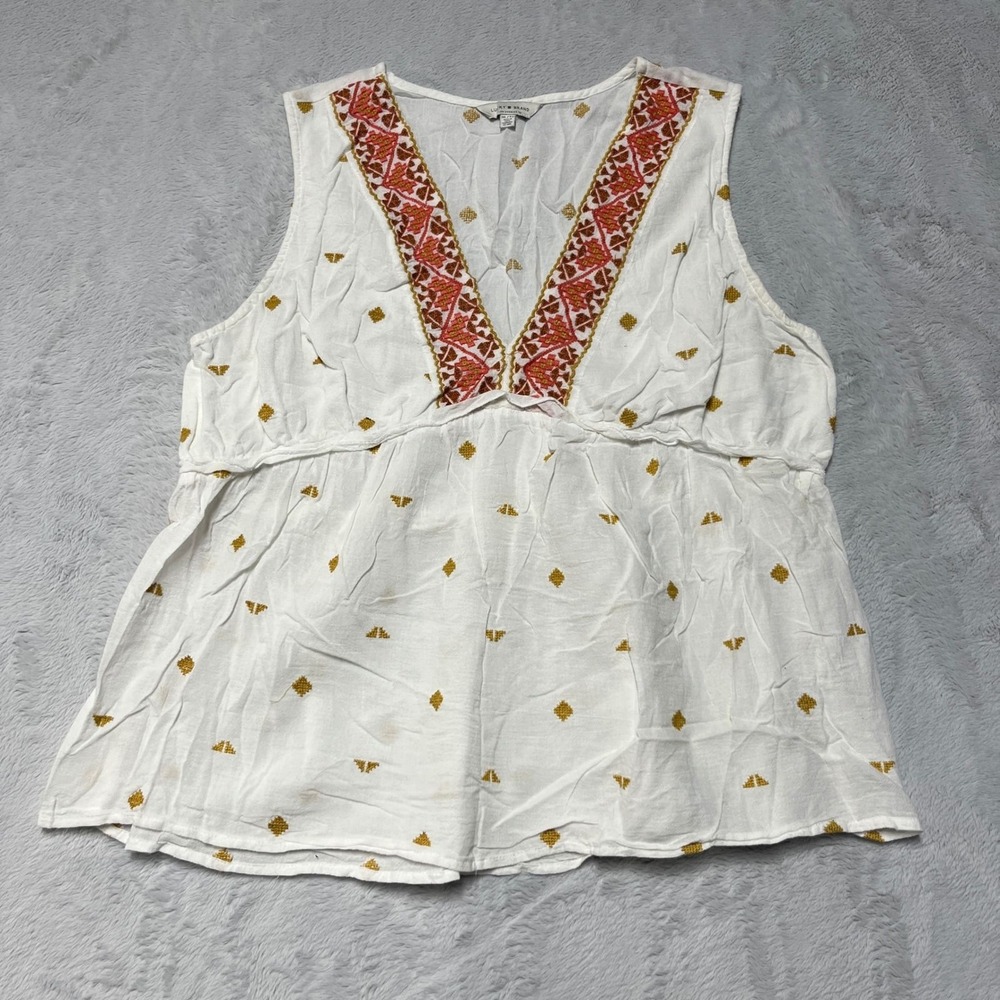 Lucky Brand Tank Top Womens XL White Embroidered Boho Peplum V-Neck
